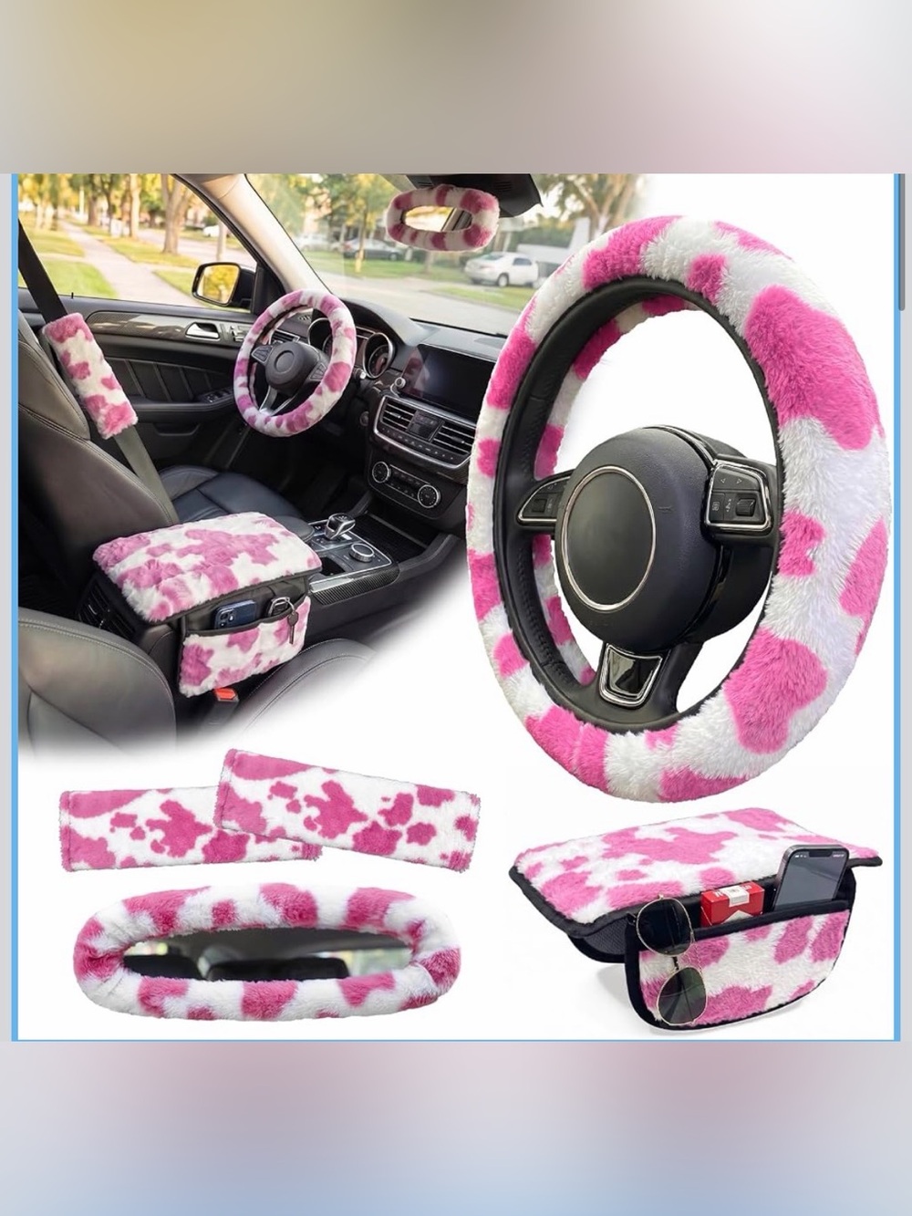Plush Pink & White Steering Wheel Cover and Car Accessories Set